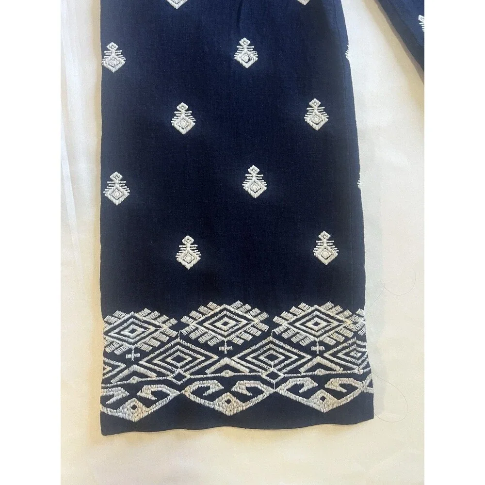 Elie Tahari Embroidered Linen Blend Wide Leg Culottes Pants Sz 4 Blue Boho Aztec